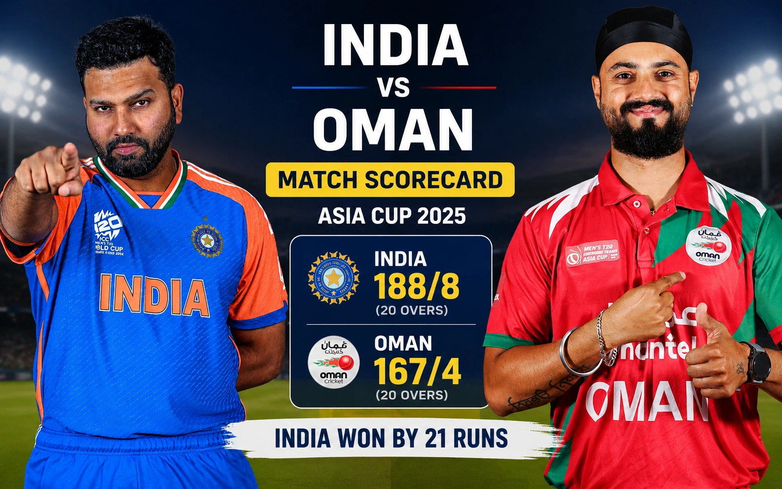 India National Cricket Team vs Oman National Cricket Team Match Scorecard: India Beat Oman by 21 Runs in Asia Cup 2025