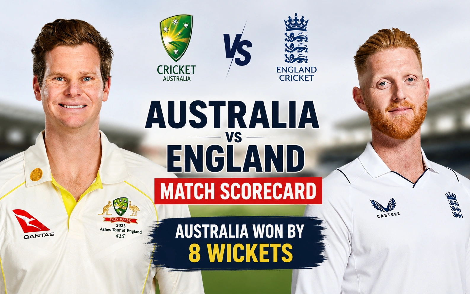 Australian Men’s Cricket Team vs England Cricket Team Match Scorecard: Stunning Australia’s 8-Wicket Victory