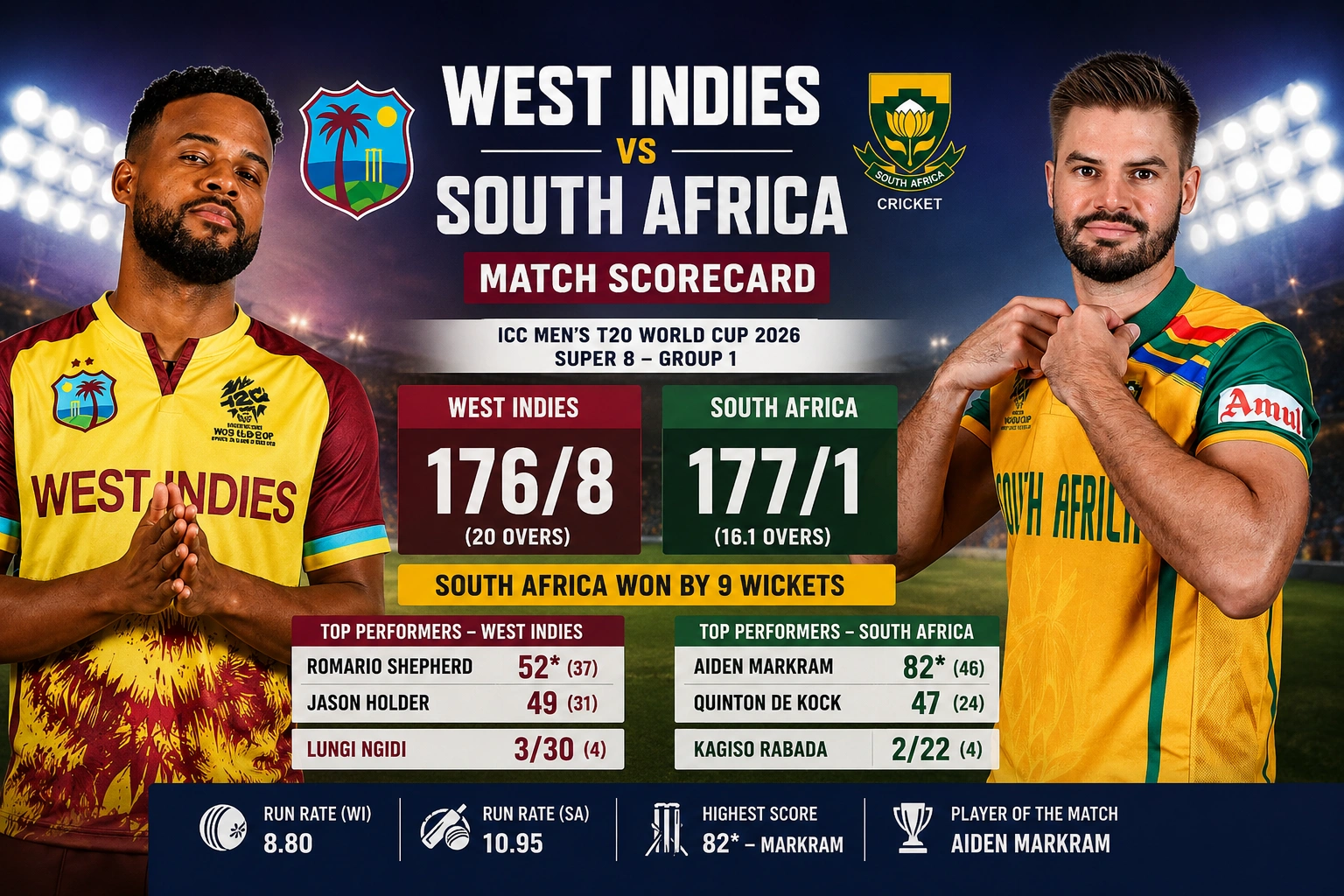 West Indies Cricket Team vs South Africa National Cricket Team Match Scorecard: Full Match Analysis, Scorecard & Key Highlights