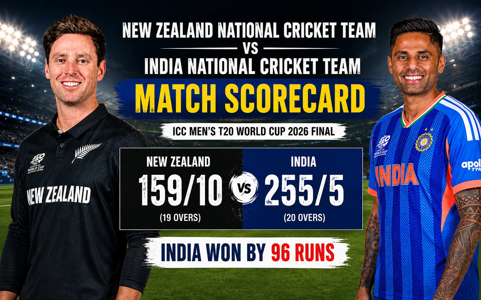 New Zealand National Cricket Team vs India National Cricket Team Match Scorecard: Full Score, Stats, Highlights & Top Performers (2026 Final) New Zealand National Cricket Team vs India National Cricket Team Match Scorecard: Full Score, Stats, Highlights & Top Performers (2026 Final)